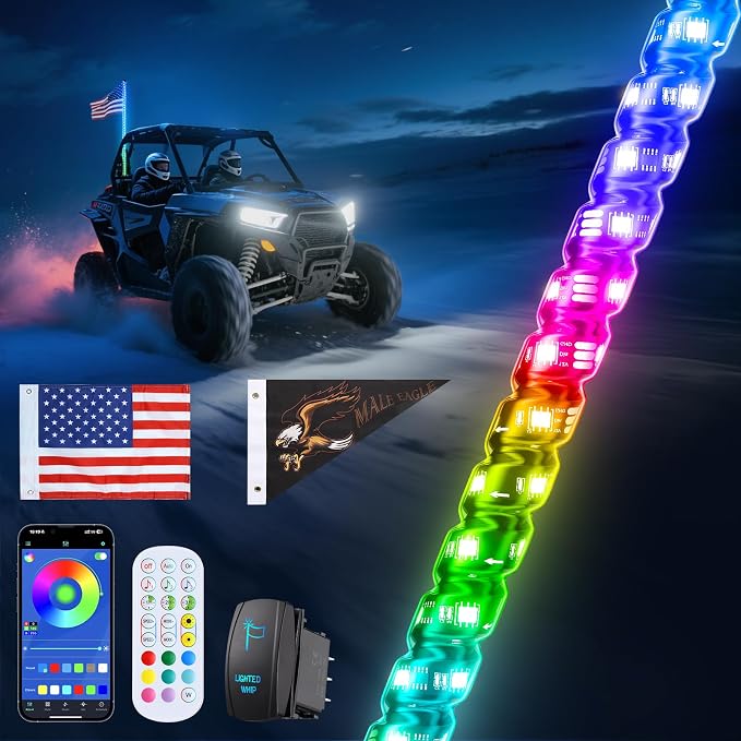 Ehaho 1 PC 6FT Whip Lights with Spring Base, APP & Remote Control Led Whip Lights for Side by Side, Spiral RGB Chasing Lighted Whips with Rocker Switch, Music Led Whips for UTV ATV RZR SXS Can-Am