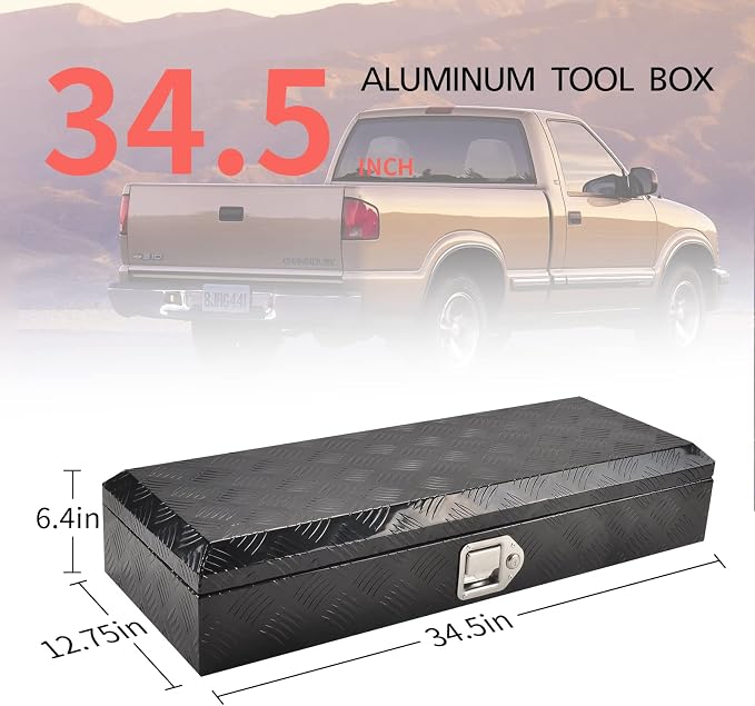 34.5 Inch Aluminum Truck Bed Tool Box 5 Bar Tread Waterproof Truck Tool Boxes Storage Organizer with Lock & Keys, Black(34.5"x12.75"x6.4")