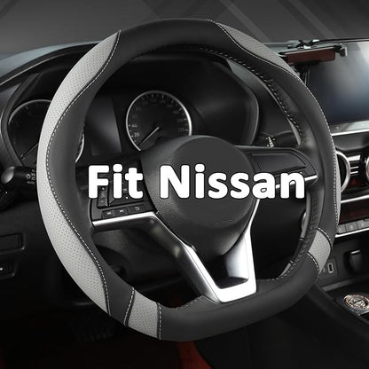 West Llama Flat Bottom Car Steering Wheel Cover for Nissan,D Shaped Steering Wheel Cover for Rogue,Altima,Kicks (Black+Gray-Standard Size)