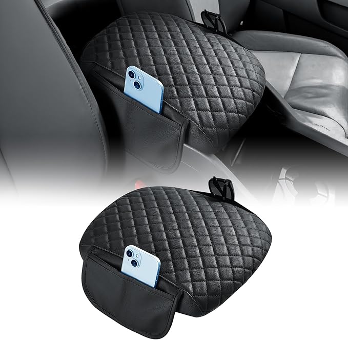 JOYTUTUS Center Console Cover Compatible with 2009-2015 Pilot, Leather Arm Rest Armrest Cover for Car, Durable Middle Console Cover Lid Replacement for Trucks, Easy to Install, Black, with 2 Pocket