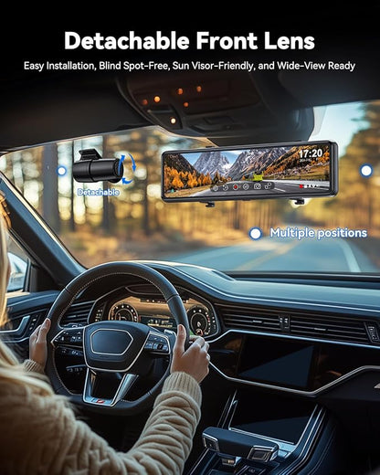 JOMISE T860+ Mirror Dash Cam 4K Front and 2.5K Rear, Detached Front Camera for 10-Minute Install, 3X Zoom Rear View Mirror Camera, 64GB Card Included, Night Vision, WDR, Parking Assist, GPS