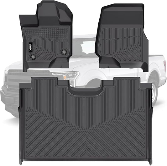 VIWIK Floor Mats Compatible for Ford F150 2015-2025 SuperCrew/Crew Cab for Ford F150 Car Mats All Weather Protection Custom Full Set Include 1st and 2nd Row, Automotive Floor Liner TPE Black 3PCS
