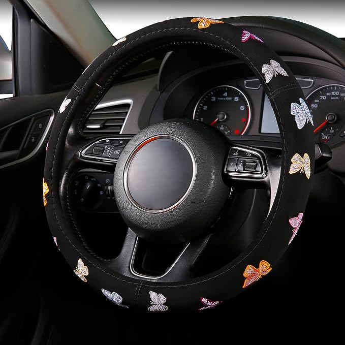 Embroidery Cute Steering Wheel Cover Stitched Butterfly Girly,Sweat Absorption,Universal 15 inch