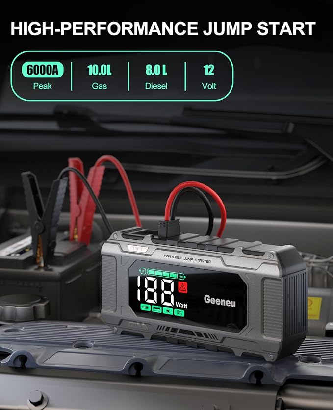 Battery Jumper Starter Portable 6000A Car Jump Starter, 12V Jump Box for Car Battery Charger Power Pack for 8.5L Gas/7L Diesel, QC 18W, Large Screen,150W DC, Lights