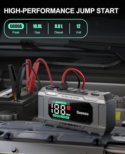 Battery Jumper Starter Portable 6000A Car Jump Starter, 12V Jump Box for Car Battery Charger Power Pack for 8.5L Gas/7L Diesel, QC 18W, Large Screen,150W DC, Lights
