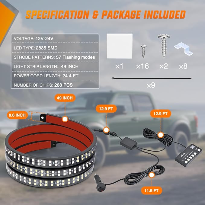 Nilight 49 Inch Emergency Strobe Light Strips with Controller, 288LED Flashing Warning Hazard Safety Rear Window Tailgate Lights for Truck Trailer Construction Plow Pickup Tow SUV Vehicles, Red White