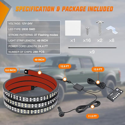 Nilight 49 Inch Emergency Strobe Light Strips with Controller, 288LED Flashing Warning Hazard Safety Rear Window Tailgate Lights for Truck Trailer Construction Plow Pickup Tow SUV Vehicles, Red White