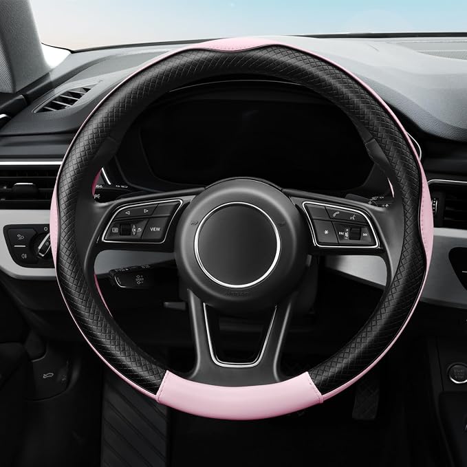 YHONGJT Soft Premium Leather Steering Wheel Cover, Breathable, Non-Slip Grip, Universal 15 Inch for Women Girls, Fit Vehicles, Sedans, SUVs, Vans, Trucks - Light Pink