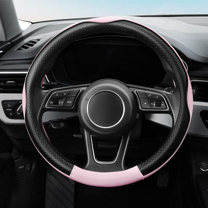 YHONGJT Soft Premium Leather Steering Wheel Cover, Breathable, Non-Slip Grip, Universal 15 Inch for Women Girls, Fit Vehicles, Sedans, SUVs, Vans, Trucks - Light Pink