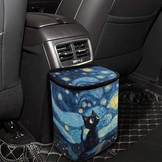 Talayituse Cat Starry Night Print Car Trash Can with Lid, Leak Proof Auto Trash Bag Hanging Vehicle Garbage Can Multipurpose Storage Container for Back Seat Road Trip