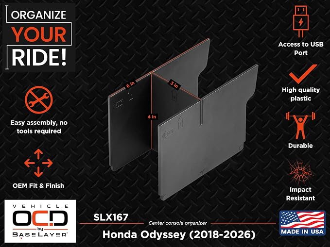 Vehicle OCD - Center Console Organizer for Honda Odyssey (2018-2026) - Made in USA - SLX167