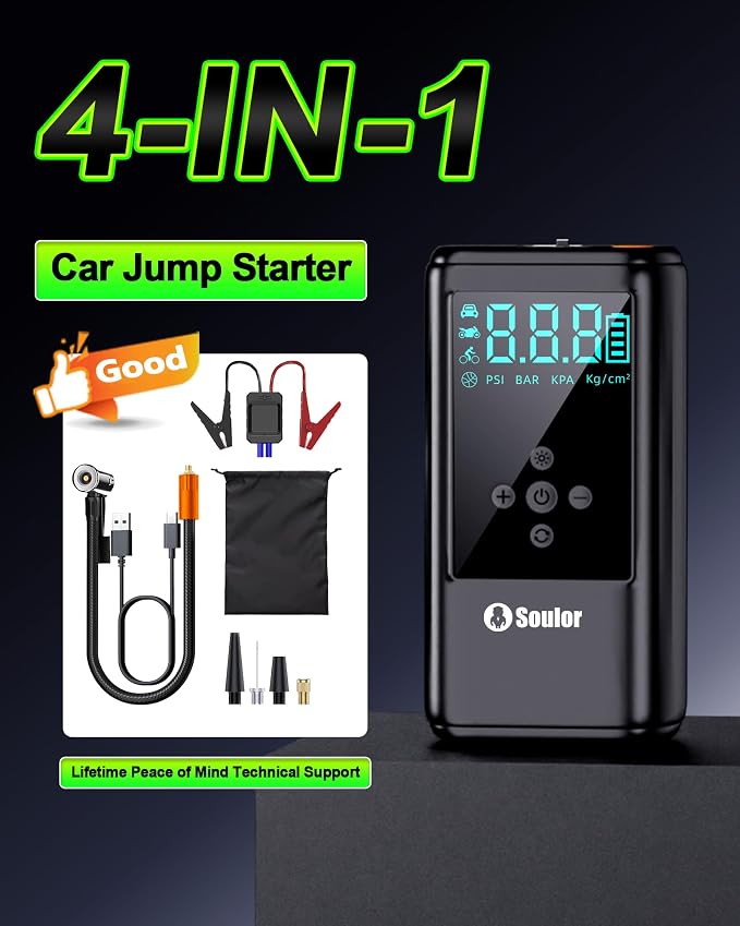 Jump Starter with Air Compressor, 6000A Car Battery Jumper Starter with 160 PSI Tire Inflator Portable, LED Display for 10L Diesel All Cars Engines, Jumper Cables and Light