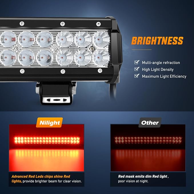 Nilight LED Light Bar 20 Inch 126W Spot Flood Combo Red Beam Off Road Lamp Fishing Hunting Emergency Deck Work Lighting for Trucks UTV Pick-up Van Boat Tractor