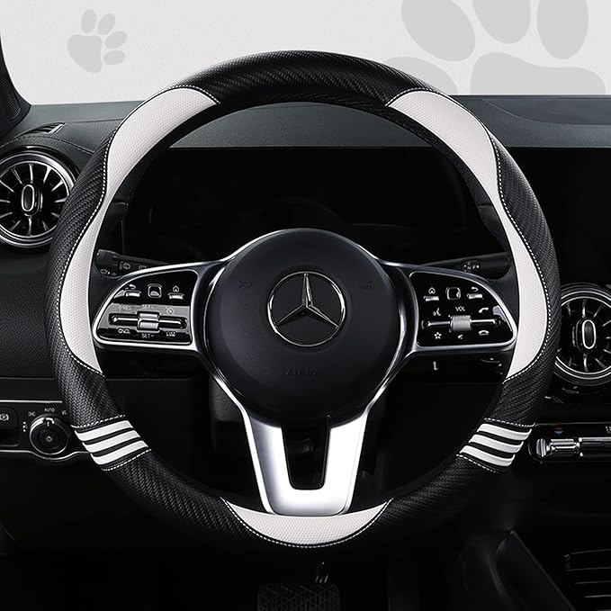 HighnessHwoo Car Steering Wheel Covers for Women Padded Carbon Fiber PU Leather Cute Auto Interior Accessories for Vehicle, Sedan, Universal, Anti Slip, White, Standard Size, 14.75-15.15in
