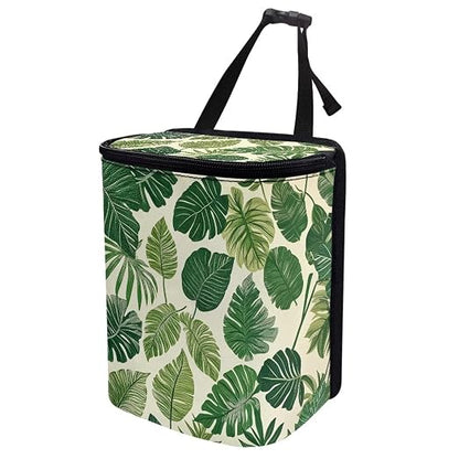 Talayituse Tropical Monstera Palm Leaves Print Car Trash Bin, Large Size Auto Trash Can Adjustable Portable Garbage Can with Lid, Vehicle Hanging Bag for Headrest Front Back Seat