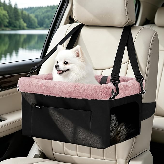 JOEJOY Deluxe Dog Booster Seat with Sturdy Metal Frame and Safety Leash for Small Pets up to 20 lbs - Portable Puppy Dog Car Seat with Thick Cushion and Storage Pockets for Small Dogs, Pink