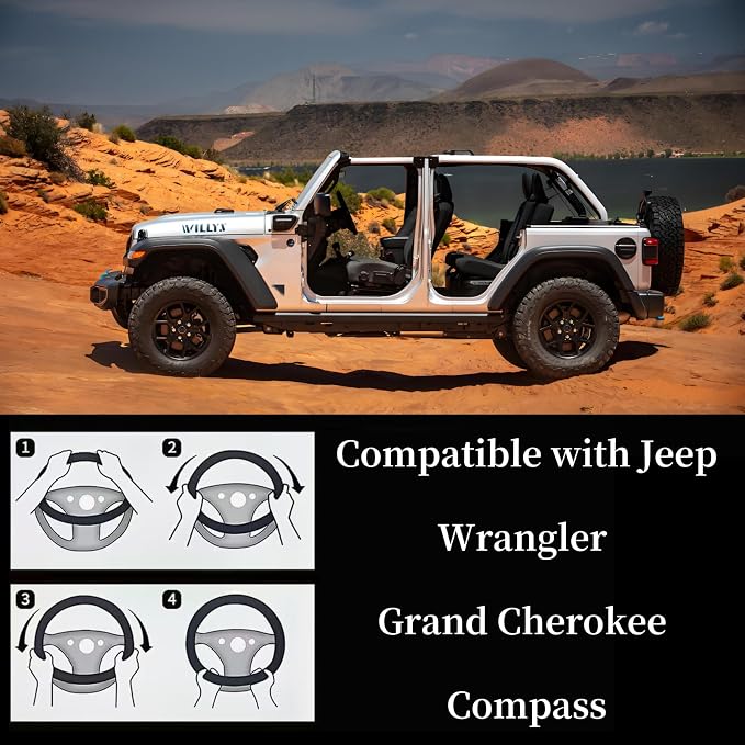 Yangday Leather Steering Wheel Cover for Jeep Wrangler Grand Cherokee Compass, 14.5-15 inches Car Steering Wheel Cover with Non-Slip Breathable (Blue)