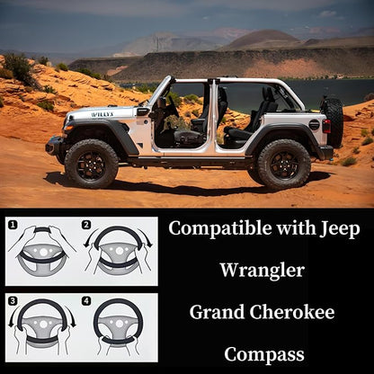 Yangday Leather Steering Wheel Cover for Jeep Wrangler Grand Cherokee Compass, 14.5-15 inches Car Steering Wheel Cover with Non-Slip Breathable (Black)