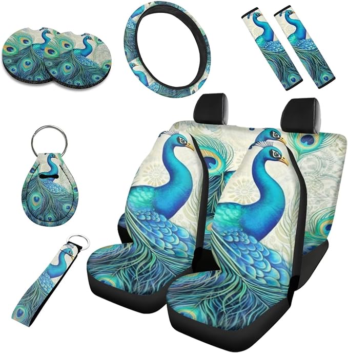 Retro Aesthetic Peacock 10 Piece Car Set, Aesthetic Bird Oil Painting Universal Steering Wheel Cover Classical Peacock Front Seat Rear Bench for Truck SUV Sedan, Car Decor