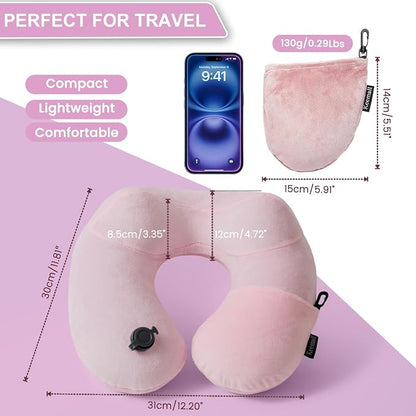 Keemall Inflatable Travel Pillow, Premium Soft Pink Velvet Inflatable Neck Pillow, Washable Lightweight Portable Travel Essentials for Flight Road Trip Camping Office, Travel Gift for Women Girls