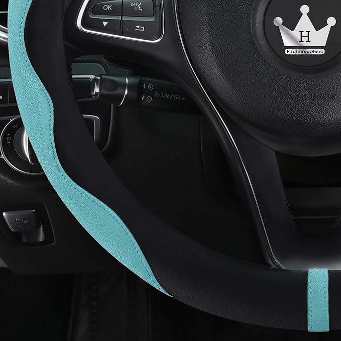 HighnessHwoo Luxury Suede Steering Wheel Cover for Cars, Soft Leather Padded Wheels Cover for Sedan, SUV, Thin Car Handle Cover, Universal Fit, Anti Slip, 14.75-15.15in, Green