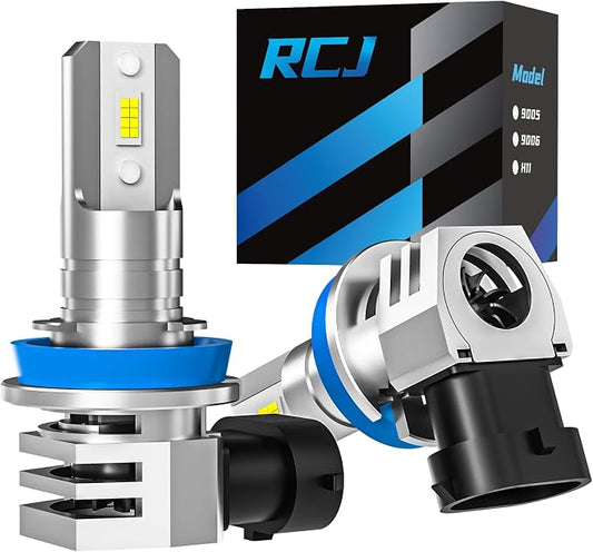 RCJ H11/H8/H9 Fog Light Bulbs, 6000K Cool White, Plug-N-Play, Pack of 2 | 16000LM, 12000RPM Cooling Fan, 1:1 Mini Size, 16 LED Chips, Aircraft-Grade Aluminum, 50,000 HRS Lifespan