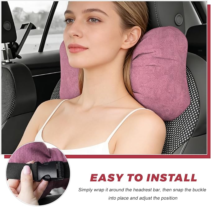 Cute Bow Car Headrest Pillow, Soft Comfortable Bow Auto Seat Pillow with Adjustable Strap, Breathable Ergonomic Neck Support Cushion Bowtie Decoration for Most Vehicles (Pink)