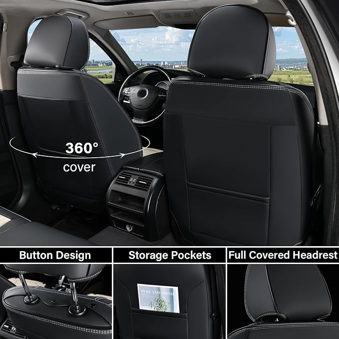 Coverado Front Seat Covers, Car Seat Covers Front Seats, Leather Seat Covers for Cars, Automotive Seat Covers Car Seat Protector Car Accessories Fit for Most Sedans SUV Pick-up Truck(Black&Beige)