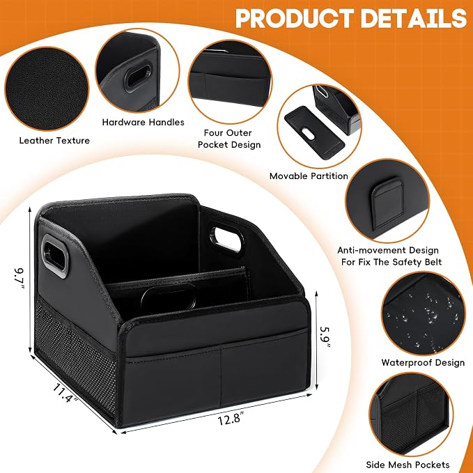 Car Storage Organizer Reinforced Dividable Leather Car Caddy Basket for Front Seat Floor Back Sturdy Frosted Handle 8 Compartments Adjustable Strap Buckles Slip-Resistant (Normal)