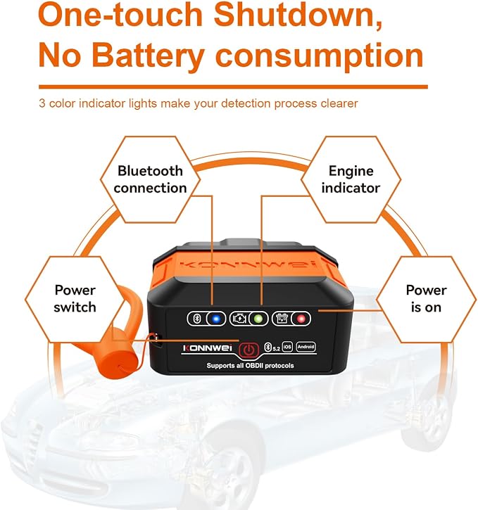 KONNWEI KW906 OBD2 Scanner Bluetooth, Professional Code Reader & Scan Tool for All Cars, Automotive Diagnostic Tool to Check Engine Light & Clear Fault Codes, Auto Scan, Live Data, Battery Test