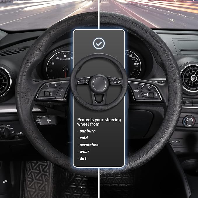 SEG Direct Black Car Steering Wheel Cover Small Size 14-14.25 inch (35.5-36 cm), for Prius Civic Model 3 Model Y Camaro, Breathable Microfiber Leather