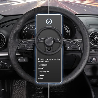 SEG Direct Black Car Steering Wheel Cover Small Size 14-14.25 inch (35.5-36 cm), for Prius Civic Model 3 Model Y Camaro, Breathable Microfiber Leather