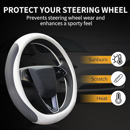Uxcer Premium Leather Steering Wheel Cover for Tesla Model 3/Y 2016-2025 2026 Juniper/Highland, Non-Slip Breathable Tesla Model 3/Y Steering Wheel Protector, White
