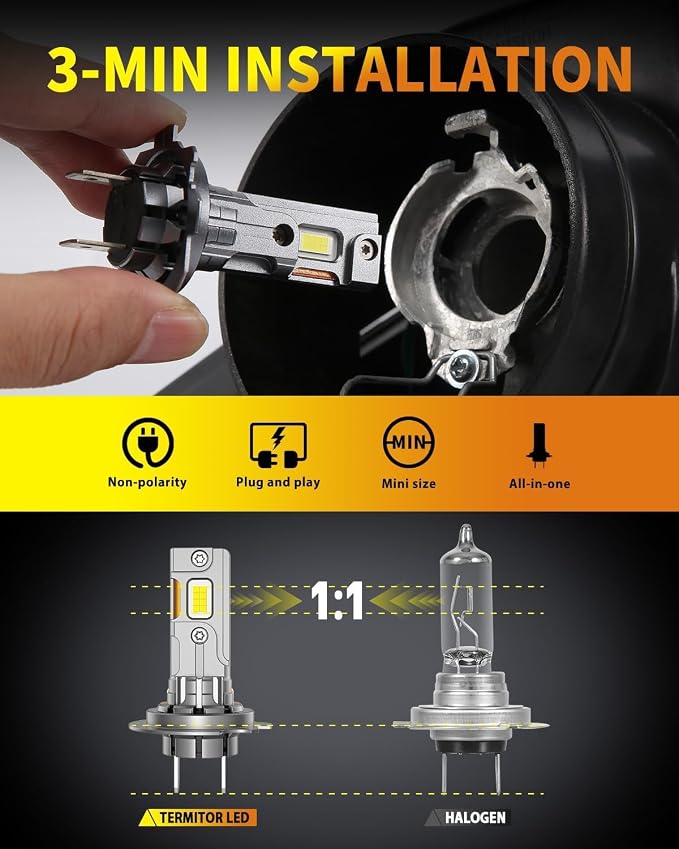 Termitor 2026 H7 Fog Light Bulb, 6500K 90,000LM Brightness, Pack of 2 | 3-Minute Quick Install, 1:1 OEM Size, IP68 Waterproof, 1000% Brighter H7 Light for UTV ATV Offroad Vehicles & Fog Use