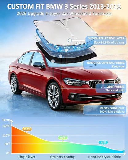 for BMW 3 Series320i 328d 330i 340i 330e 2013-2018 Windshield Sun Shade -4 Layers Sunshades for Front Windows Cover Custom Fit 3 Series F30/F31/F80/M3 Sun Visor Shade Blocks UV Rays Car Accessories