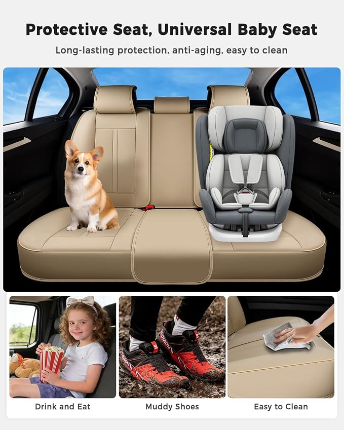 Huidasource Beige Back Seat Cover Luxury Nappa Leather, Rear Seat Cover with Velcro Adjustable, Ventilation Holes, Seat Belts, Child Seats, Car Back Seat Covers Fit for Most Cars SUV Trucks, Beige