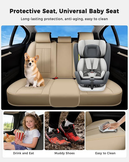 Huidasource Beige Back Seat Cover Luxury Nappa Leather, Rear Seat Cover with Velcro Adjustable, Ventilation Holes, Seat Belts, Child Seats, Car Back Seat Covers Fit for Most Cars SUV Trucks, Beige