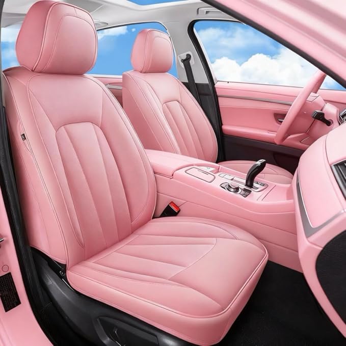 Cute Car Seat Covers,Pink Leather Seat Covers Front Seats,Waterproof Breathable Full Wrapping Edge Car Seat Cushion, Luxury Automotive Seat Protecor
