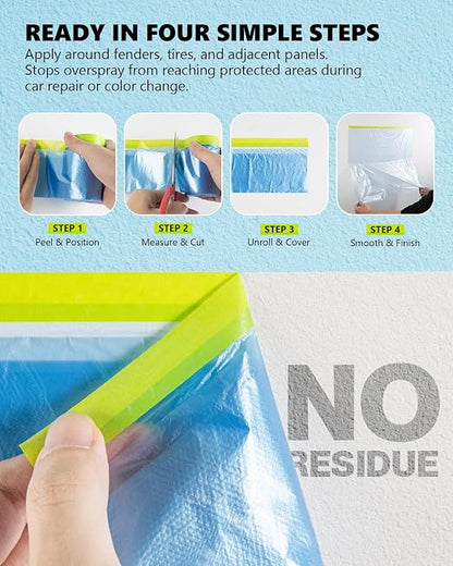 Pre-Taped Masking Film for Painting - 3 Rolls Mixed Size Painters Plastic Sheeting with Tape and Drape, Painters Drop Cloth for Automotive & Home, Cover for Walls/Floors/Windows/Cars Protection