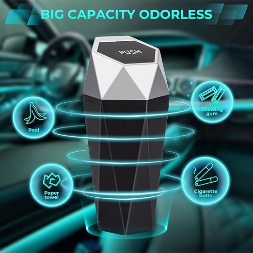 Car Trash Can with Lid, 2 Pack Diamond Design Mini Cup Holder Trash Can for Car, Office, Home Use, Silver