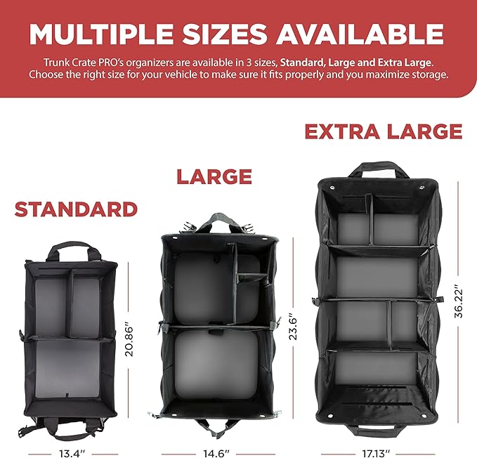 TRUNKCRATEPRO Car Organizers and Storage Premium Adjustable Multi Compartments Car Storage Organizer | Portable and Foldable SUV Trunk Organizer for Car (Standard Size, 20.86"L x 13.4"W x 10"H )-Black