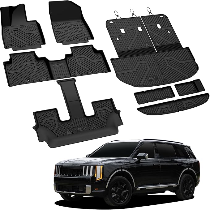 LASFIT Floor Mats & Backrest Mats & Cargo Mat for Kia Telluride Gas 2027 (Not Fit Hybrid), All Weather TPE Custom Fit Floor Liners with Full Set Car Mats & Trunk Mats Accessories, Black