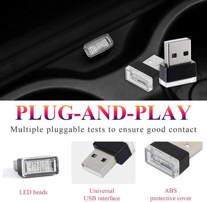 Yourkar 4 PCS USB LED Car Interior Atmosphere Lamp, Plug-in USB Interface Trunk Ambient Lighting Kit, Night Led Decoration Mini USB Light, Universal Interior Car Accessories (White+Red)