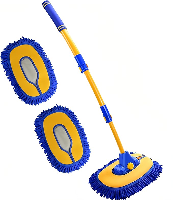 Mveqrrn Upgrade Car Wash Brush with Long Handle,Chenille Microfiber Car Cleaning Brush Supplies Kit Car Wash Mop Accessories Car Washing Brush with Scratch-Free Replacement Head(Blue