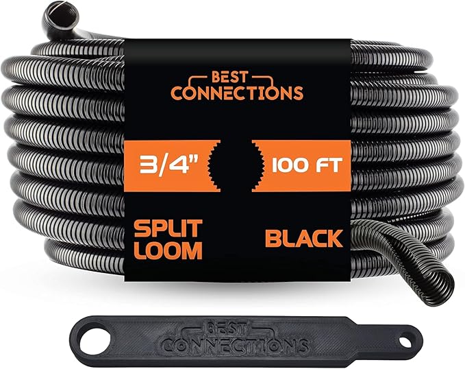BEST CONNECTIONS 3/4" x 100 ft Split Wire Loom Flex-Guard Convoluted Tubing with Installation Tool - Protective Cable Sleeves for Automotive Home Electrical Wires Chemical Resistant Conduit Black