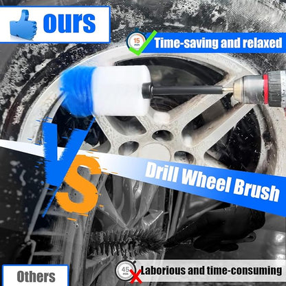 Wheel Brush Kit, Soft Drill Wheel Cleaner Brush, Tire Brush, Detailing Brush, and Detailing Pads, No Scratches Car Wheel Cleaning Kit for Wheels, Tire, Rims, Engines, Exhaust(Blue + White 9 Pk)