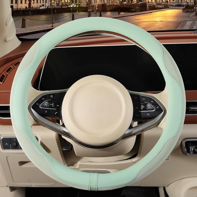 14 inch Steering Wheel Cover for Prius Civic, Nappa Microfiber Leather Non-Slip Breathable Fabric, Warm in Winter and Cool in Summer, Green Small 13.5 inch to 14 inch