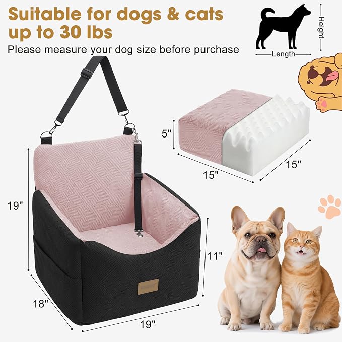 JOEJOY Dog Car Seats for Small Medium Dogs Under 35lbs, Dog Booster Seat with Detachable Washable Cover and Cushion, Memory Foam Pet Car Seat with Safety Belt and Storage Pockets (BP)