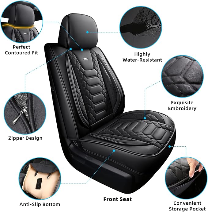 FREESOO Tundra Seat Covers 2 Front Set, Fit for Toyota Tundra 2007-2021 Crewmax Cab, Custom Truck Seat Covers with Waterproof Faux Leather Black