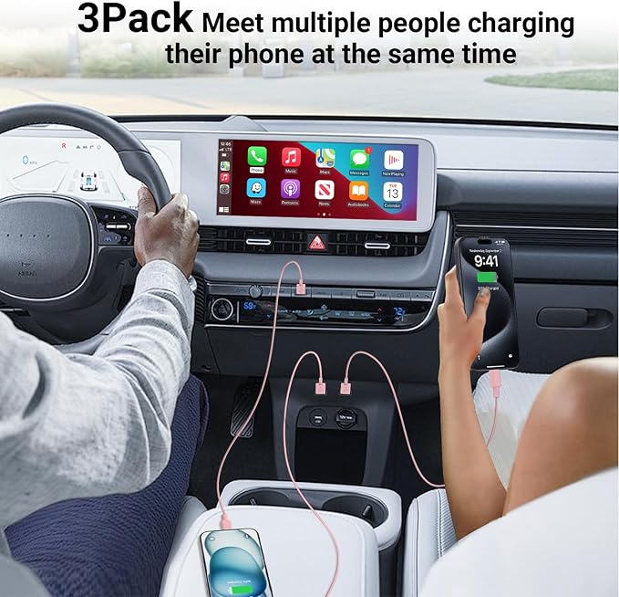 3 Pack Car Carplay Cable for iPhone 16 15 Pro Max 15 Plus Car Charger, 3FT USB to USB C Cable for Car Charger Adapter, Carplay USB C Cord Accessories Charging for iPad 10th Gen/iPad Pro Air 5th-Pink
